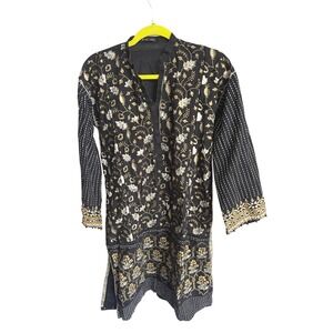 J Pret‎ Black Floral Print Long Sleeve Tunic Top Large 10 Cotton